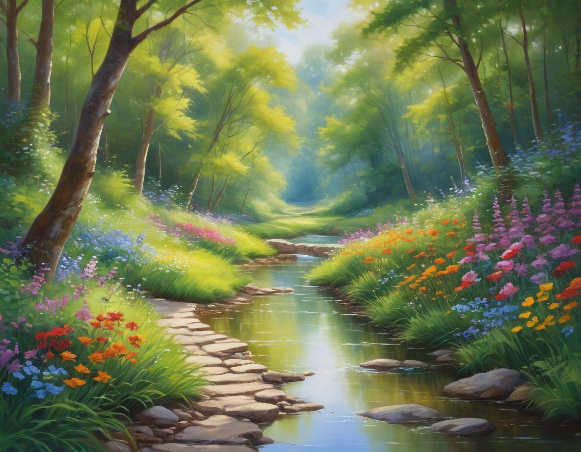 A serene landscape showcasing a pathway through a lush green forest, with soft sunlight filtering through the trees. Along the path, colorful flowers bloom, symbolizing joy and well-being. A person meditating peacefully beside a small brook, embodying tranquility and happiness. Gentle birds flutter above, adding a sense of harmony. ethereal colors. painting. high detail.