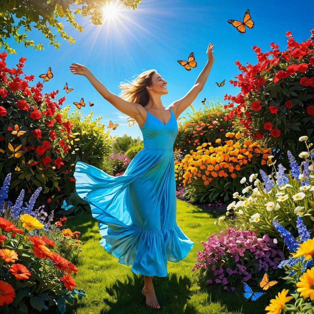 A colorful garden bursting with a variety of flowers under a bright blue sky, a person joyfully dancing amidst the blooms, with butterflies fluttering around, and a warm sun radiating positivity. The scene embodies happiness, contentment, and the beauty of nature. vibrant colors. super-realistic. sunny atmosphere.