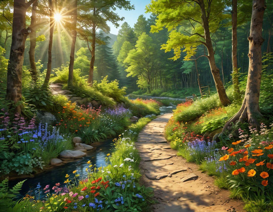 A serene landscape depicting a winding path through a lush green forest, dotted with colorful flowers and sparkling sunlight filtering through the leaves. Along the path, joyful individuals engaged in various activities like meditating, painting, and laughing in harmony with nature. In the background, a gentle stream flows, symbolizing tranquility and well-being. The atmosphere radiates warmth and positivity. 3D. vibrant colors. peaceful ambiance.